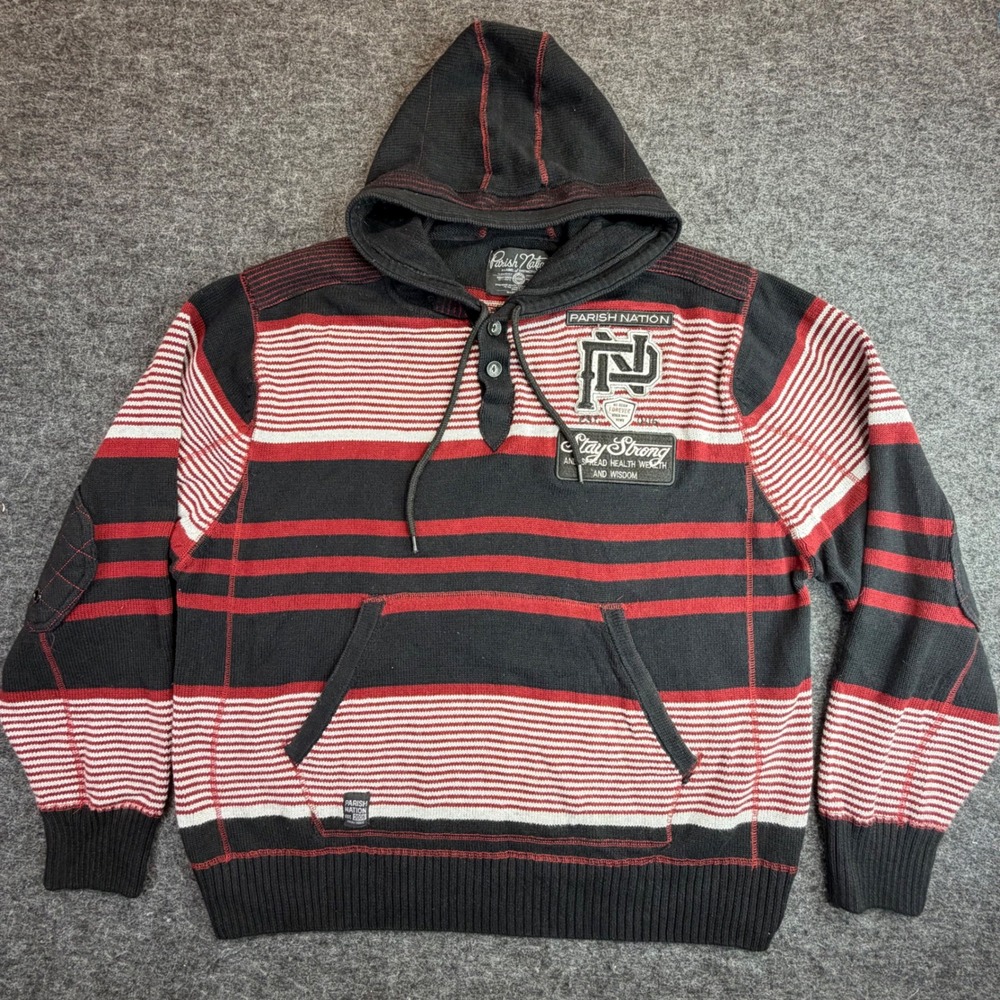 Parish Nation Hooded Sweater Mens M Black Red Striped Elbow Patch Knit Pullover